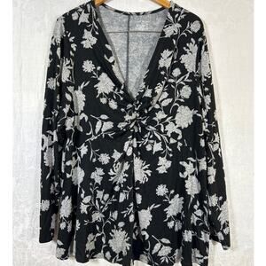 Lane Bryant Top 22 24 Black Gray Floral Cross Front SOFT Flowy Gathered